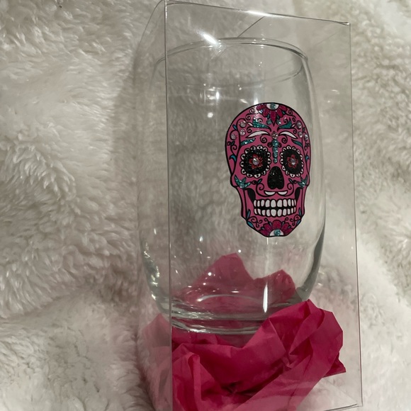 BLING GLITTER & SWAROVSKI CRYSTALS PINK & TEAL SUGAR SKULL STEMLESS WINE GLASS - Picture 12 of 12